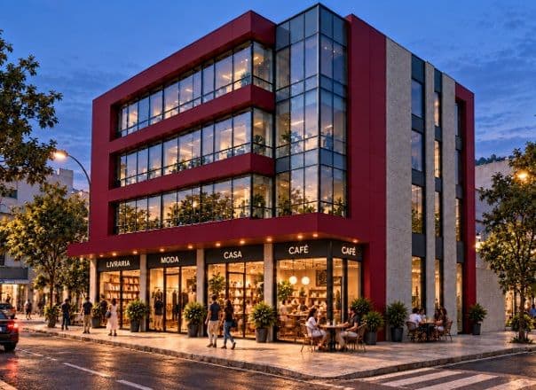 Edifício comercial em vermelho e vidro, com lojas no térreo, ao entardecer.