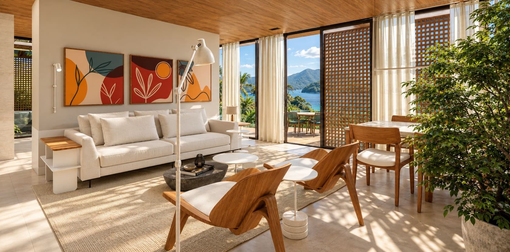 Sala de estar com sofá claro, poltronas de madeira e vista para a mata.