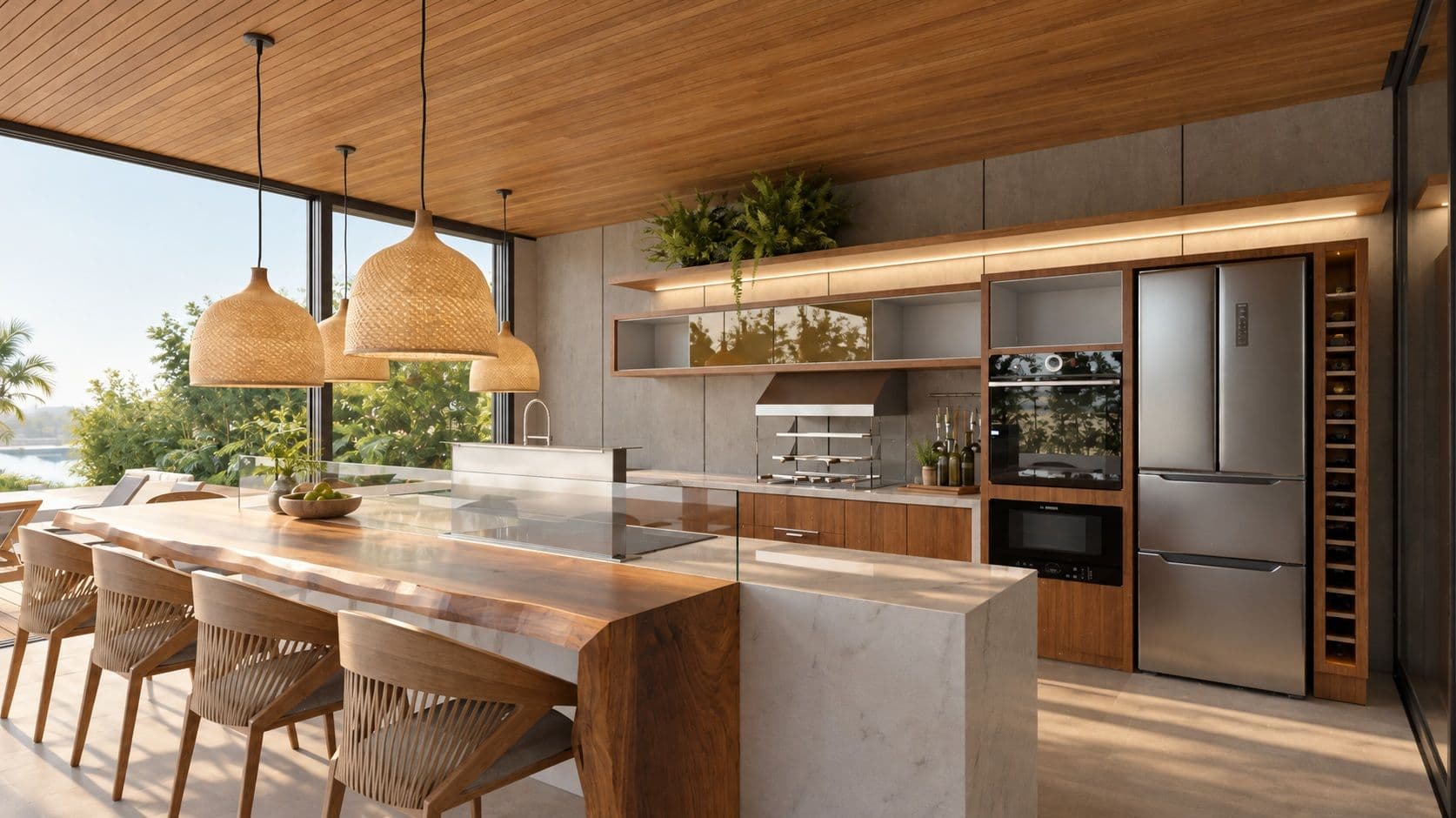 Cozinha com bancada de pedra e madeira e luminárias de palha.