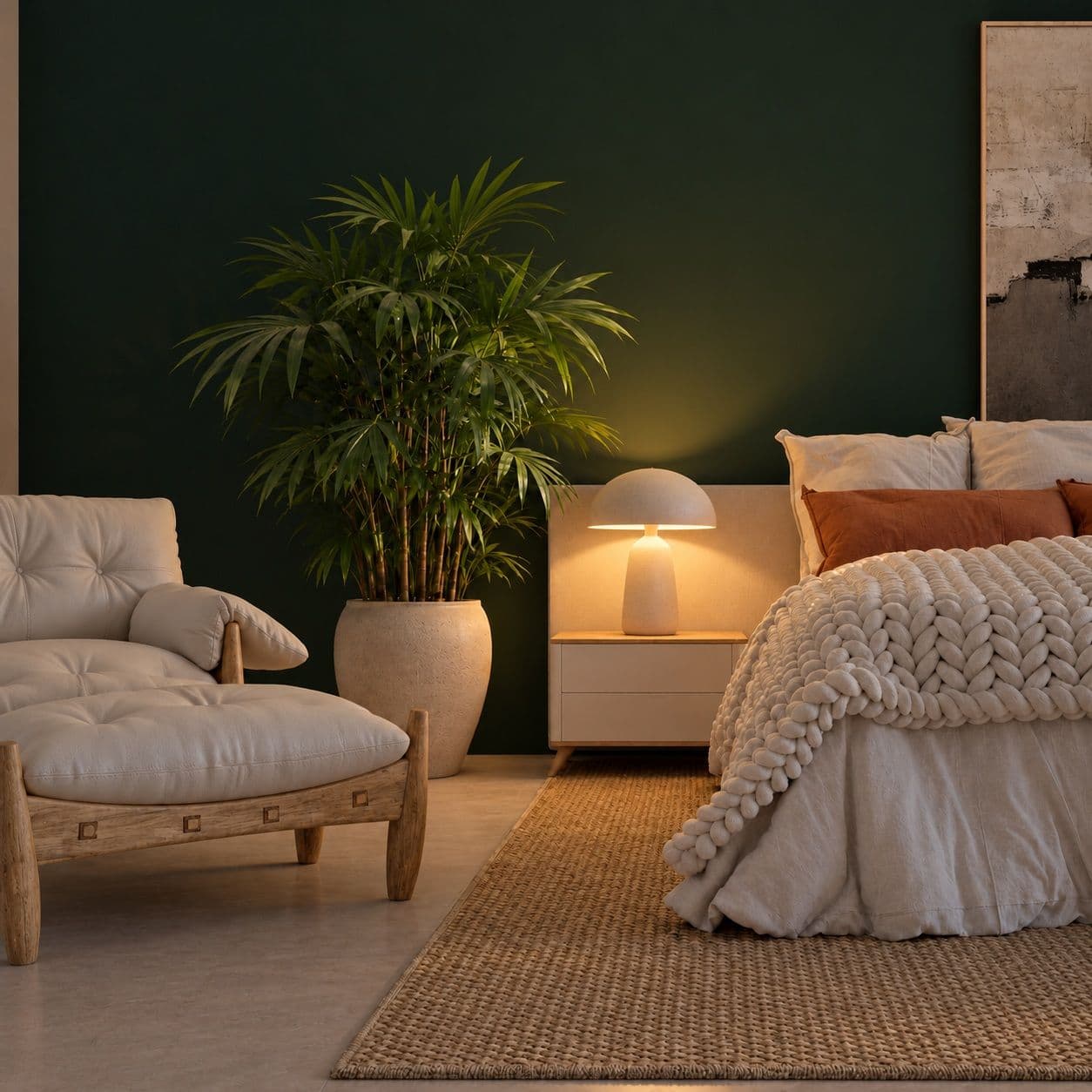 Suíte com parede verde-escura, poltrona e cama com manta de tricô.