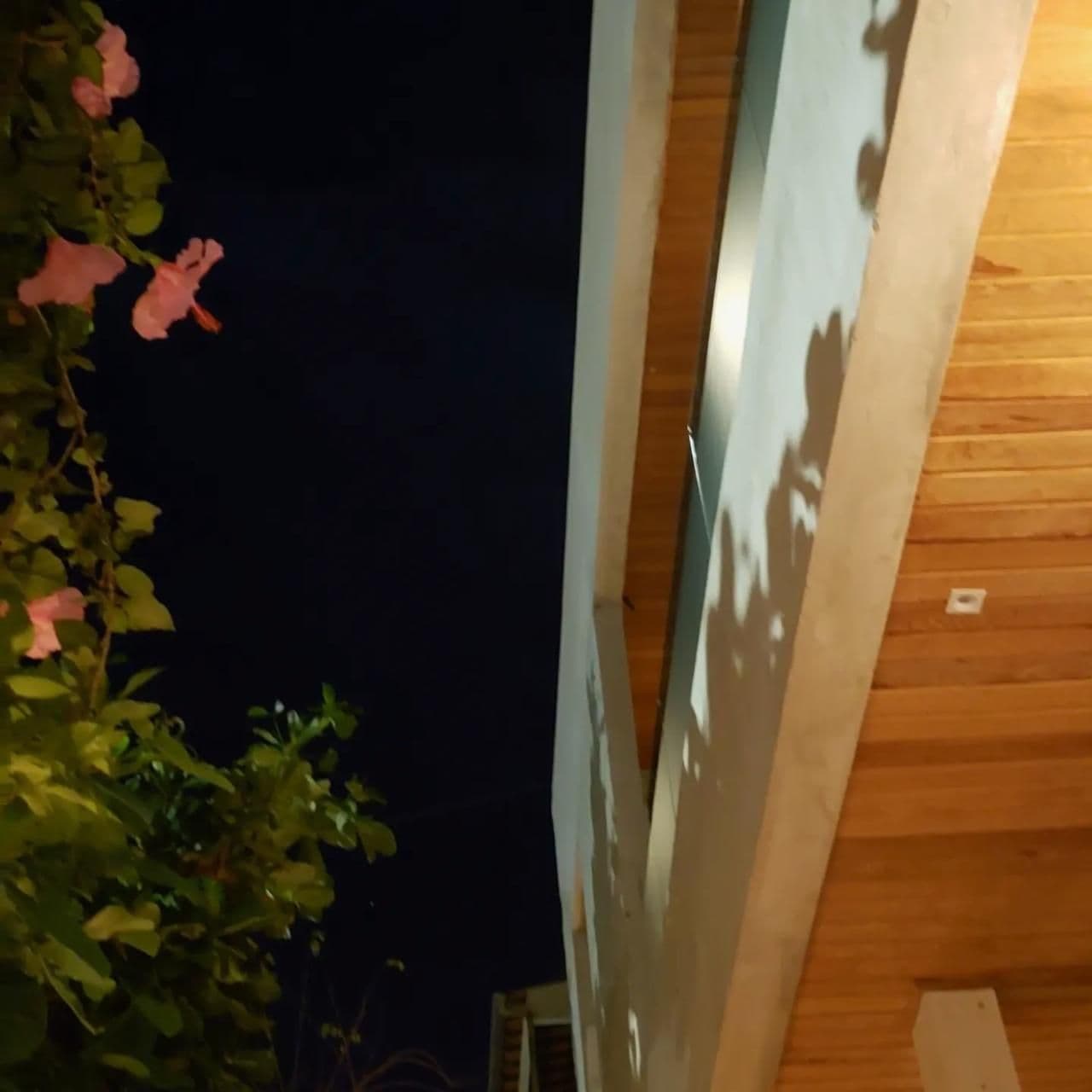Detalhe da fachada à noite: pilar, laje e forro de madeira.