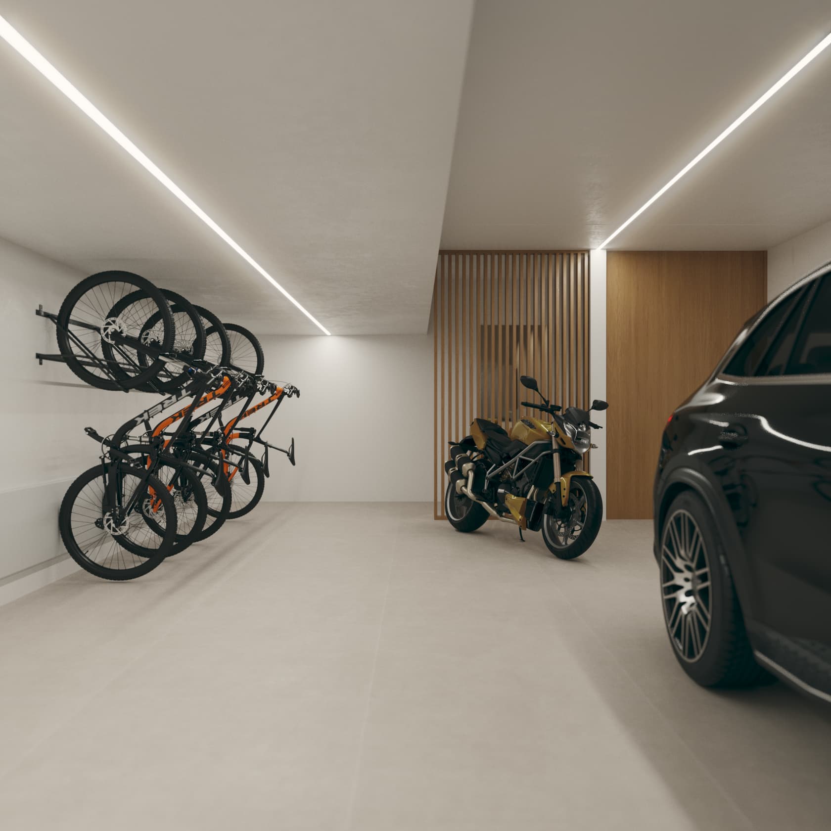 Garagem com bicicletas na parede, uma moto e painel de ripado de madeira.