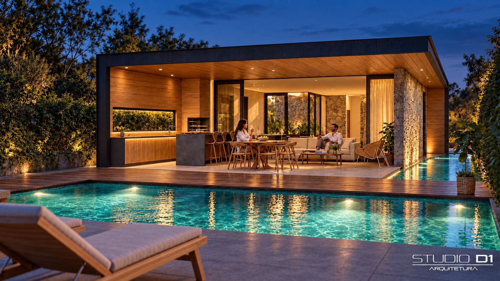 O mesmo pavilhão à noite, com a piscina iluminada.