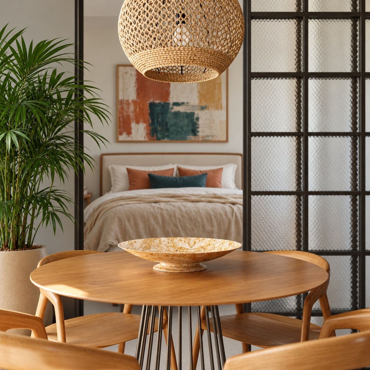 Mesa redonda de jantar com o quarto ao fundo, separado por esquadria de vidro e aço.